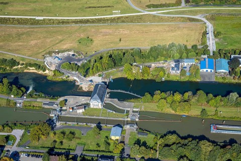 Aerial view, construction site at the Hamm lock on the Datteln-Hamm Canal and River Lippe, centre,