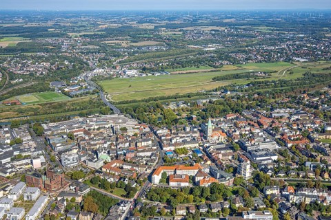 Aerial view, experience space, Hamm-Lippewiesen airfield and city centre with evang. Pauluskirche