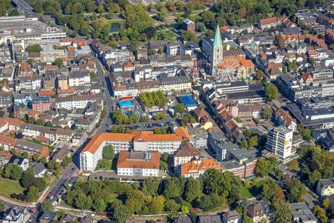 Aerial view, evang. St Paul's Church and city festival with Ferris wheel, Johanniter-Kliniken Hamm