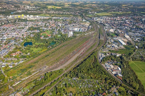Aerial view, Hamm marshalling yard, view to the main station, harbour and city centre, Pelkum