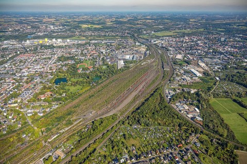 Aerial view, Hamm marshalling yard, view of Hamm main station, harbour and city centre, Hamm
