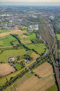 Aerial view, Hamm marshalling yard, Schieferstraße industrial estate with a view of the city
