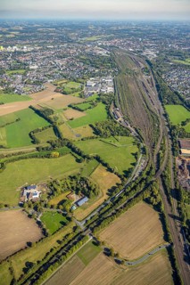 Aerial view, Hamm marshalling yard, Schieferstraße industrial estate with a view of the city