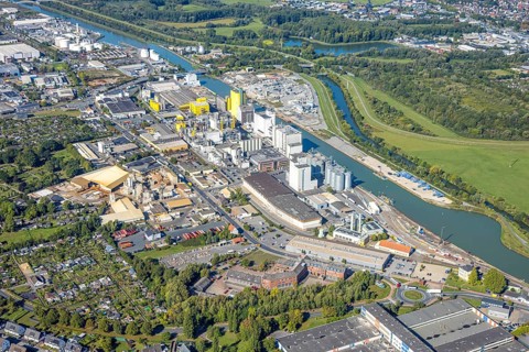 Aerial view, harbour area, Brökelmann und Co. oil mill in the harbour at the Datteln-Hamm canal,