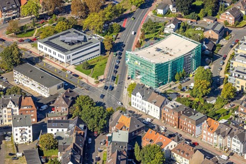 Aerial view, Städtische Musikschule Hamm, covered building and construction site with new building,