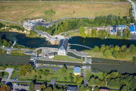 Aerial view, construction site at the Hamm lock on the Datteln-Hamm Canal and River Lippe, centre,