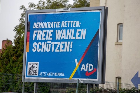 AfD poster in Ludwigshafen with the text DEMOKRATIE RETTEN, FREIE WAHLEN SCHÜTZEN. The city's