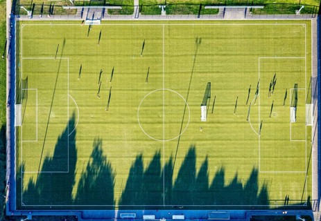 Aerial view, Sportzemtrum Ost Hammer SpVg 03/04 e.V., training games and shadow cast by the evening