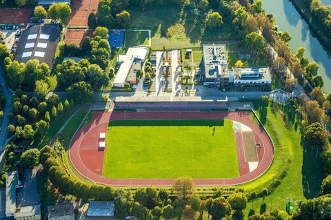 Aerial view, Jahnstadion football stadium, rehabilitation centre Bad Hamm, centre, Hamm, Ruhr area,