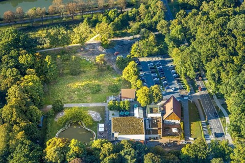 Aerial view, TusÃƒÂª Altes Fährhaus Restaurant, Uentrop, Hamm, Ruhr area, North Rhine-Westphalia,