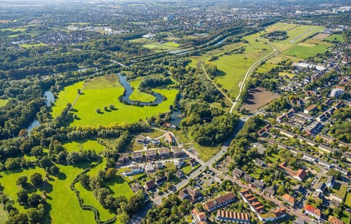 Aerial view, experience space, Hamm-Lippewiesen airfield, Lippe floodplain and river meander,