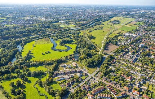 Aerial view, experience space, Hamm-Lippewiesen airfield, Lippe floodplain and river meander,