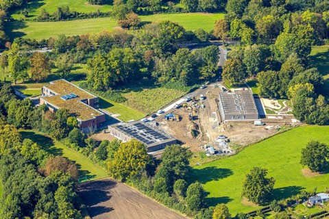 Aerial view, construction site with new day care centre of SVE Heessen, Schlossstraße, district