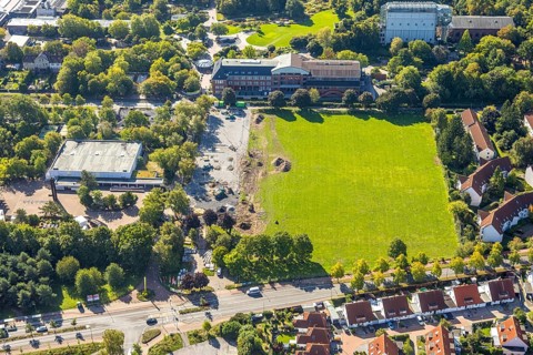 Aerial view, Freiherr-vom-Stein-Gymnasium and construction site, entrance area Maximilianpark,