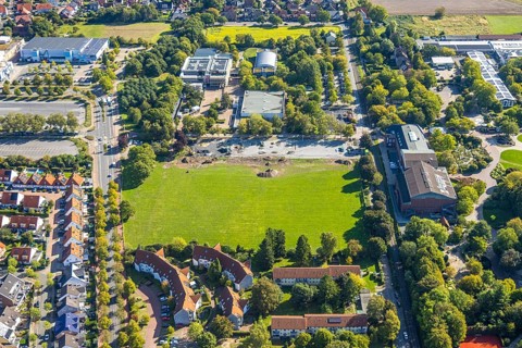 Aerial view, Freiherr-vom-Stein-Gymnasium and construction site, entrance area Maximilianpark,