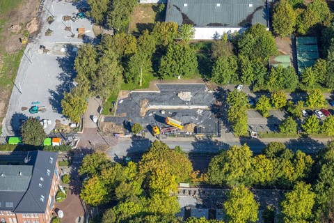 Aerial view, construction site and meadow at Freiherr-vom-Stein-Gymnasium, entrance area