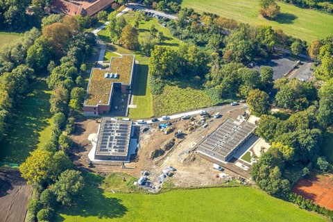 Aerial view, construction site with new day care centre of SVE Heessen, Schlossstraße, district