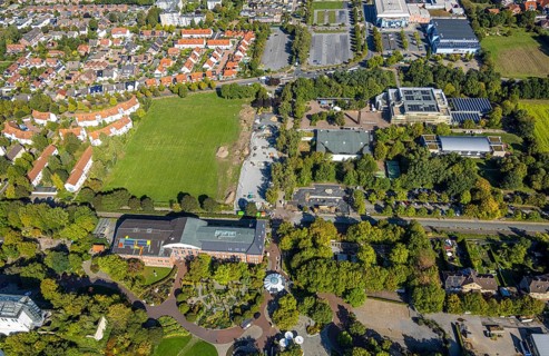 Aerial view, construction site and meadow at Freiherr-vom-Stein-Gymnasium, entrance area