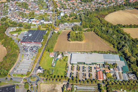 Aerial view, roundabout Sachsring and Münsterstraße, garden centre Bintig GmbH and Kaufland