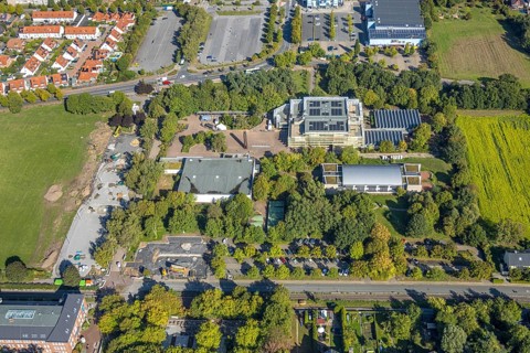 Aerial view, construction site at Freiherr-vom-Stein-Gymnasium, Uentrop, Hamm, Ruhr area, North