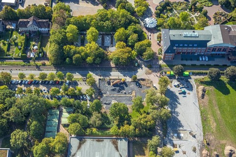 Aerial view, construction site at Freiherr-vom-Stein-Gymnasium, entrance area Maximilianpark,