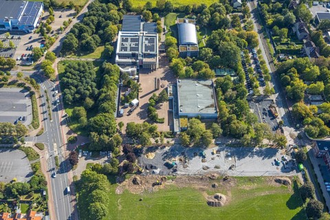 Aerial view, Freiherr-vom-Stein-Gymnasium and construction site, Uentrop, Hamm, Ruhr area, North