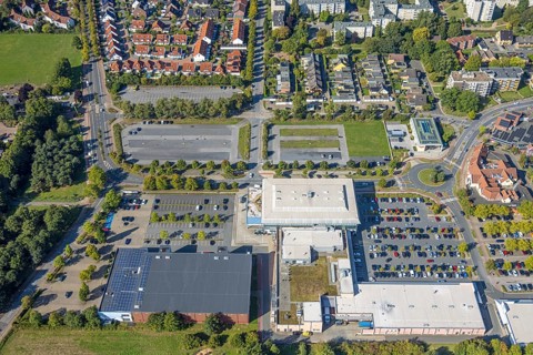 Aerial view, Ostwennemarstraße shopping centre, car parks, Uentrop, Hamm, Ruhr area, North