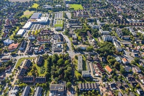 Aerial view, residential area road traffic intersection Ostwennemarstraße and Alter Uentroper Weg,