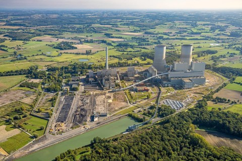 Aerial view, RWE power plant Westfalen, meadows and agricultural fields, distant view, Eilmsen,