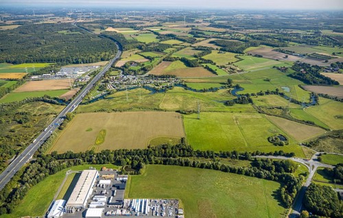 Aerial view, river Lippe river meander meadow landscape Schmehauser Mersch, motorway A2, meadows