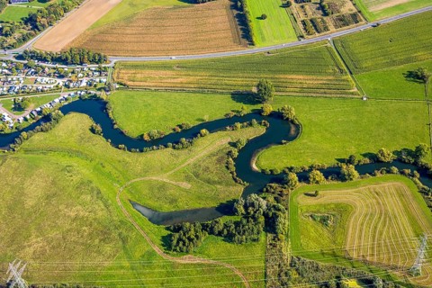 Aerial view, river Lippe river meander floodplain landscape Schmehauser Mersch, meadows and fields,