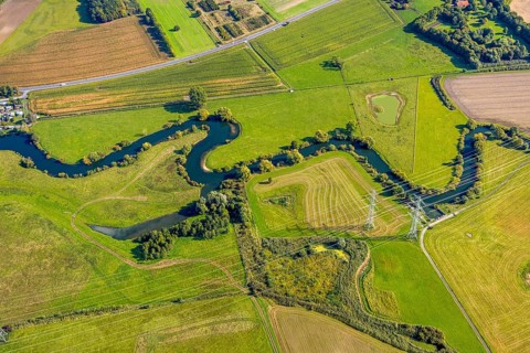 Aerial view, river Lippe river meander floodplain landscape Schmehauser Mersch, meadows and fields,