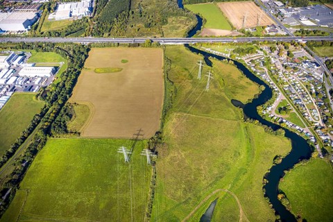 Aerial view, river Lippe river meander meadow landscape Schmehauser Mersch, motorway A2, meadows