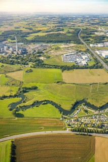 Aerial view, river Lippe river meander floodplain landscape Schmehauser Mersch, meadows and fields,
