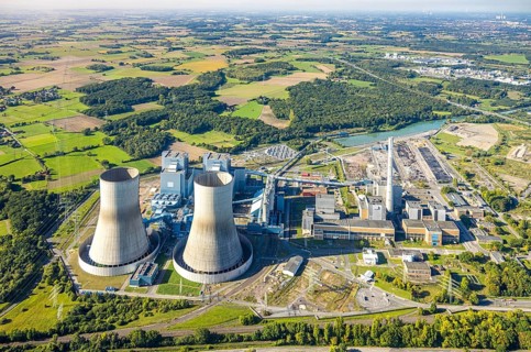 Aerial view, RWE power plant Westfalen, meadows and agricultural fields, distant view, Eilmsen,