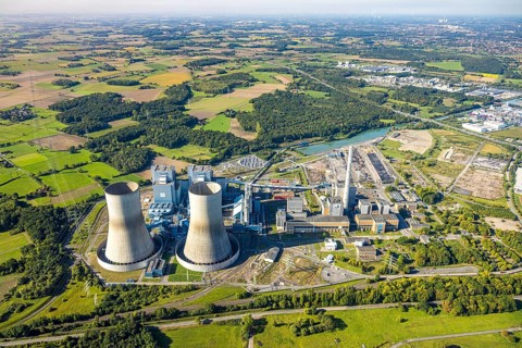 Aerial view, RWE power plant Westfalen, meadows and agricultural fields, distant view, Eilmsen,