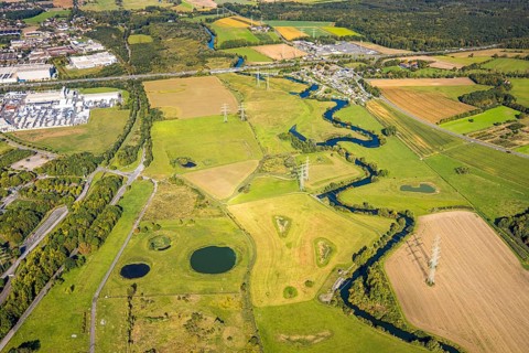Aerial view, river Lippe river meander meadow landscape Schmehauser Mersch, meadows and fields,