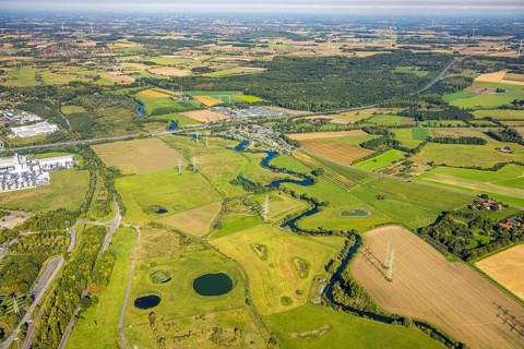 Aerial view, river Lippe river meander meadow landscape Schmehauser Mersch, meadows and fields,