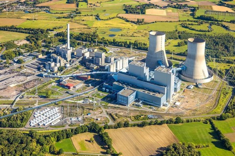 Aerial view, RWE power plant Westfalen, meadows and agricultural fields, distant view, Eilmsen,