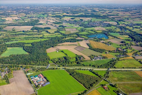 Aerial view, meadows and fields at the Datteln-Hamm canal with bridge Alter Uentroper Weg and old