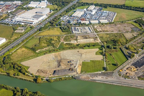Aerial view, commercial area Siegenbeckstraße, construction site Geithe, planned motorway A2