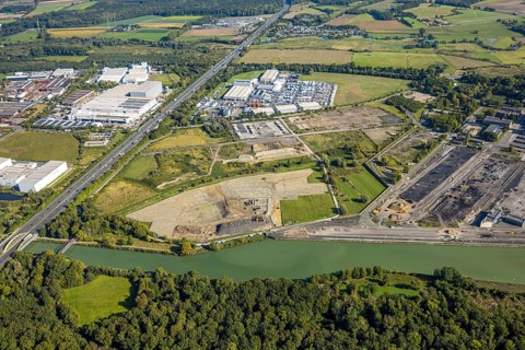 Aerial view, commercial area Siegenbeckstraße, construction site Geithe, planned motorway A2