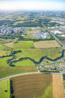 Aerial view, river Lippe river meander floodplain landscape Schmehauser Mersch, meadows and fields,