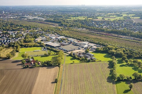 Aerial view, Hamm marshalling yard, Schieferstraße industrial estate, meadows and fields at