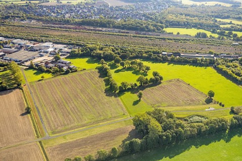 Aerial view, Hamm marshalling yard, Schieferstraße industrial estate, Daberg meadows and fields on