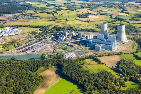 Aerial view, RWE power plant Westfalen, meadows and agricultural fields, distant view, Eilmsen,
