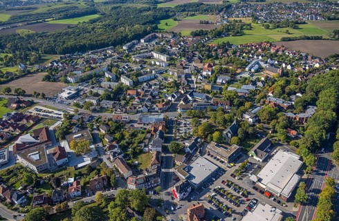 Aerial view, Herringen centre, shopping centre Herringen with supermarket DM, Edeka Weber and Aldi,