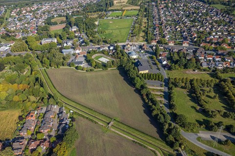 Aerial view, DitiB Ulu Camii Mosque next to the Barbara Stadium, district Herringen, Hamm, Ruhr