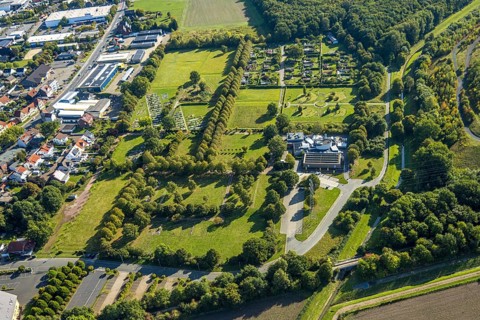 Aerial view, Parkfriedhof Herringen Gräberfeld, Krematorium Hamm GmbH und Interkultureller Garten,