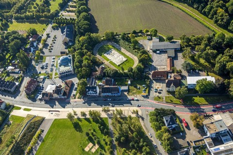 Aerial view, DitiB Ulu Camii Mosque next to the Barbara Stadium, district Herringen, Hamm, Ruhr